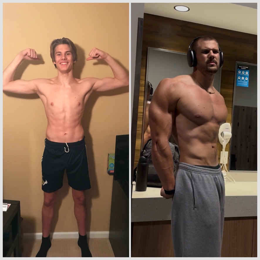 Sam Kramer before and after transformation, from skinny teenager to muscular adult